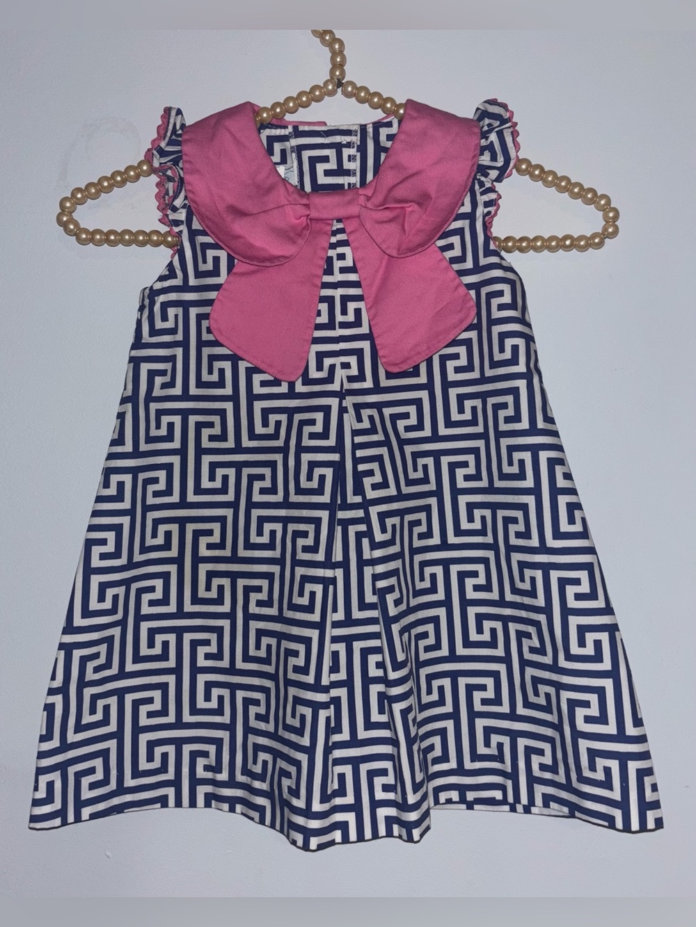 Serendipity Size 2T Navy Geometric Girls Dress with Pink Bow Collar